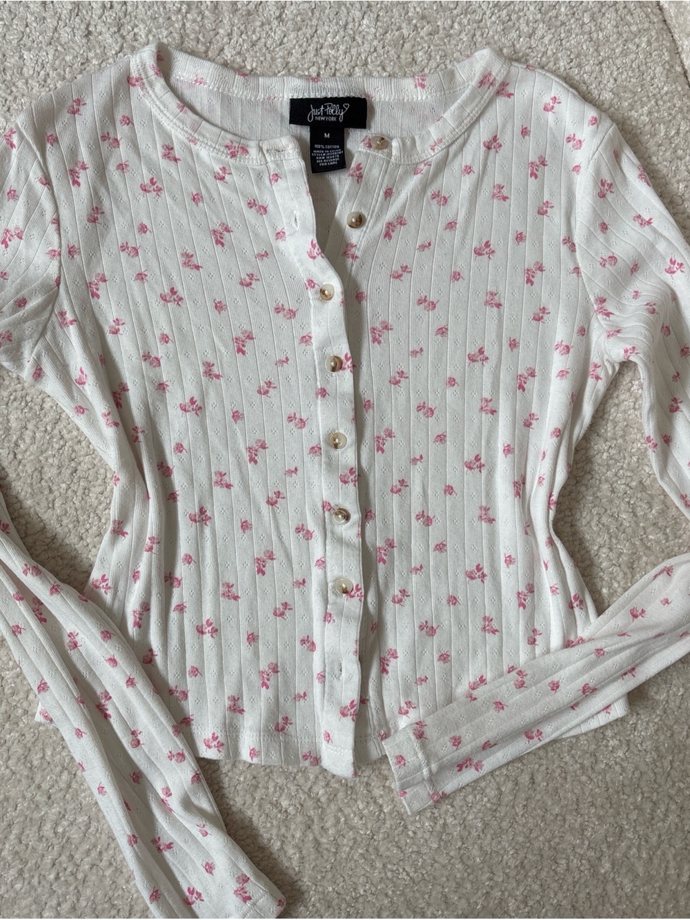 White & Pink Floral Ribbed Button Cardigan top